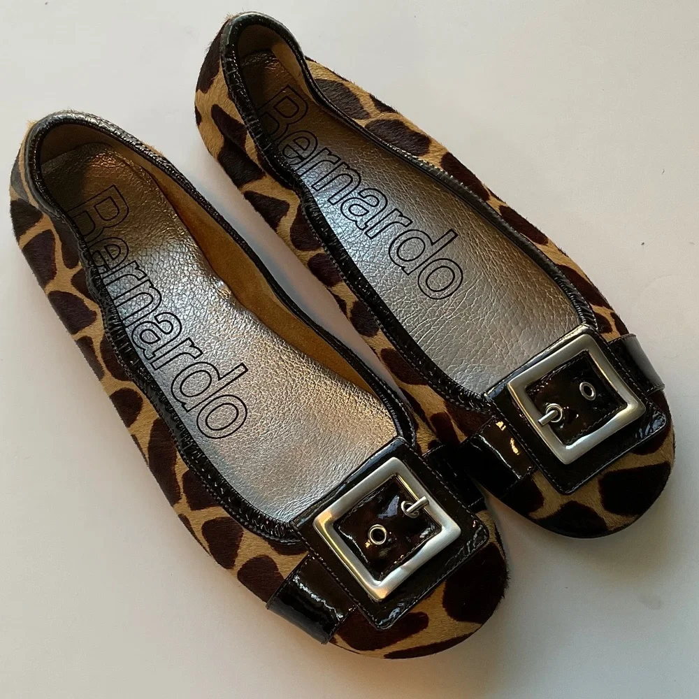 BERNARDO Ballet Buckle Calf Hair Animal Print Flats Size 9